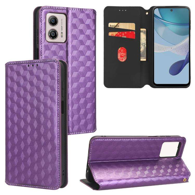 For Motorola Moto G73 5G Cubic Grid Texture Flip Leather Phone Case(Purple)