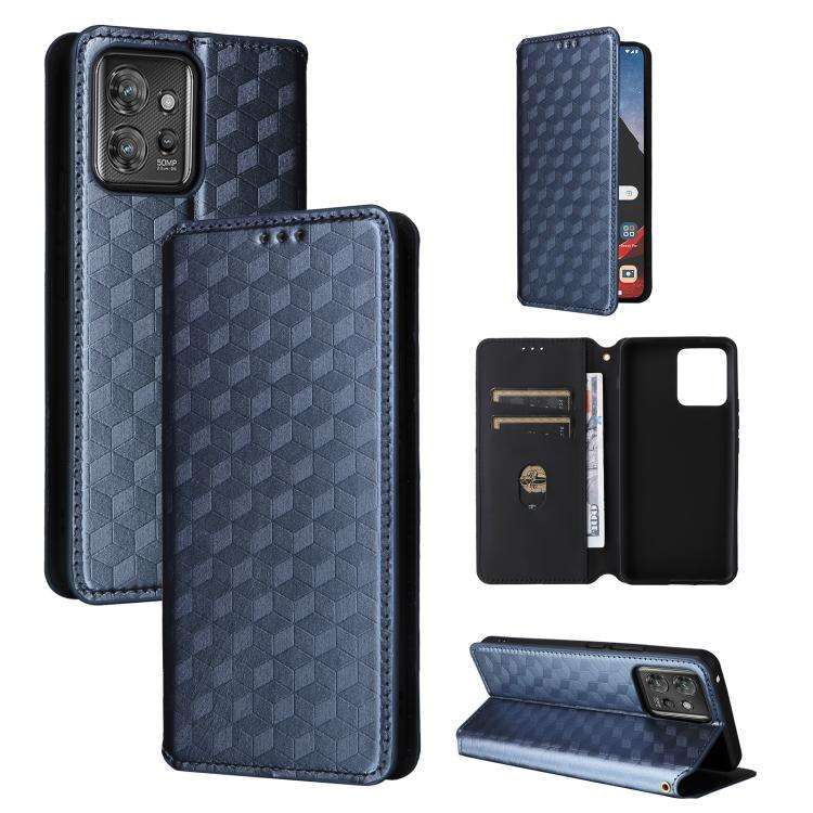 For Motorola ThinkPhone Cubic Grid Texture Flip Leather Phone Case(Blue)