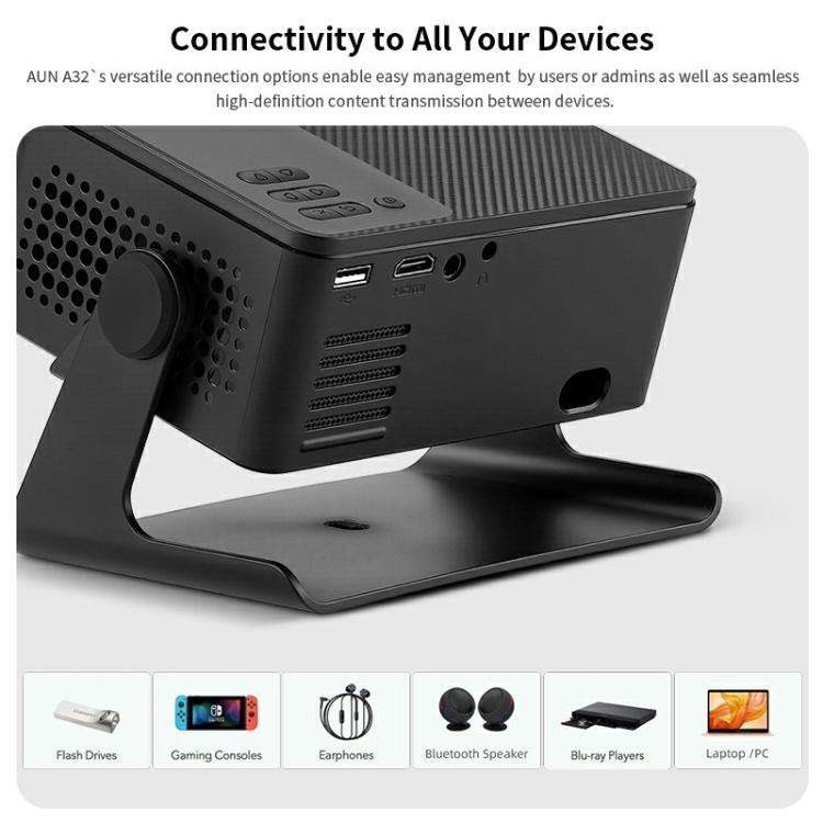 AUN A32 Pro 1280x720P 300ANSI Android 13 WIFI Display Smart Projector, US Plug(Black)