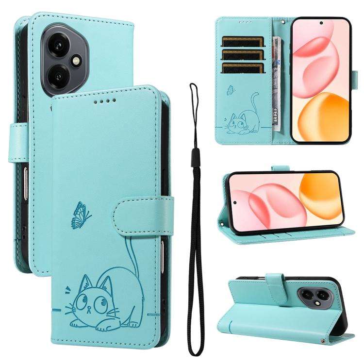 For Honor 400 Global 156.5mm Adorable Cat Embossed Pattern Flip Leather Phone Case(Green)