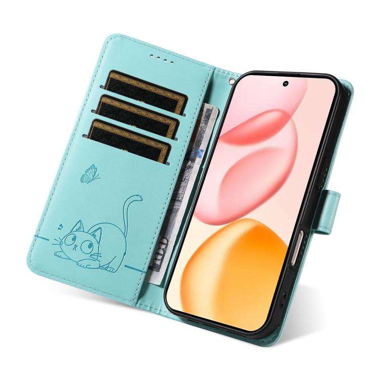 For Honor 400 Global 156.5mm Adorable Cat Embossed Pattern Flip Leather Phone Case(Green)