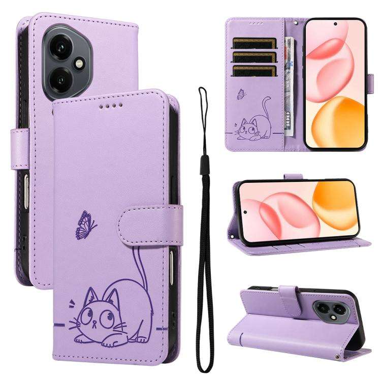 For Honor 400 Global 156.5mm Adorable Cat Embossed Pattern Flip Leather Phone Case(Purple)