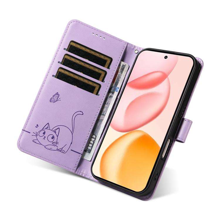 For Honor 400 Global 156.5mm Adorable Cat Embossed Pattern Flip Leather Phone Case(Purple)