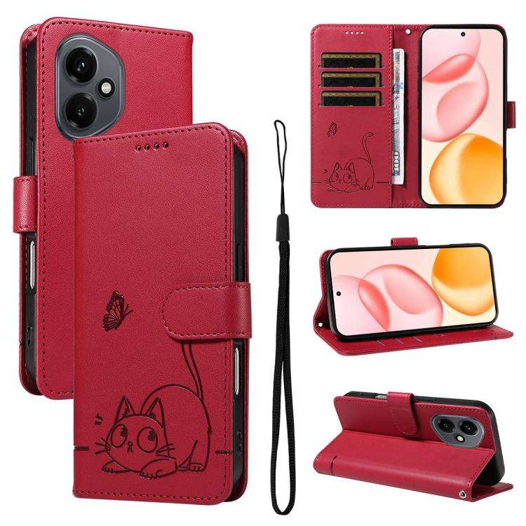 For Honor 400 Global 156.5mm Adorable Cat Embossed Pattern Flip Leather Phone Case(Red)