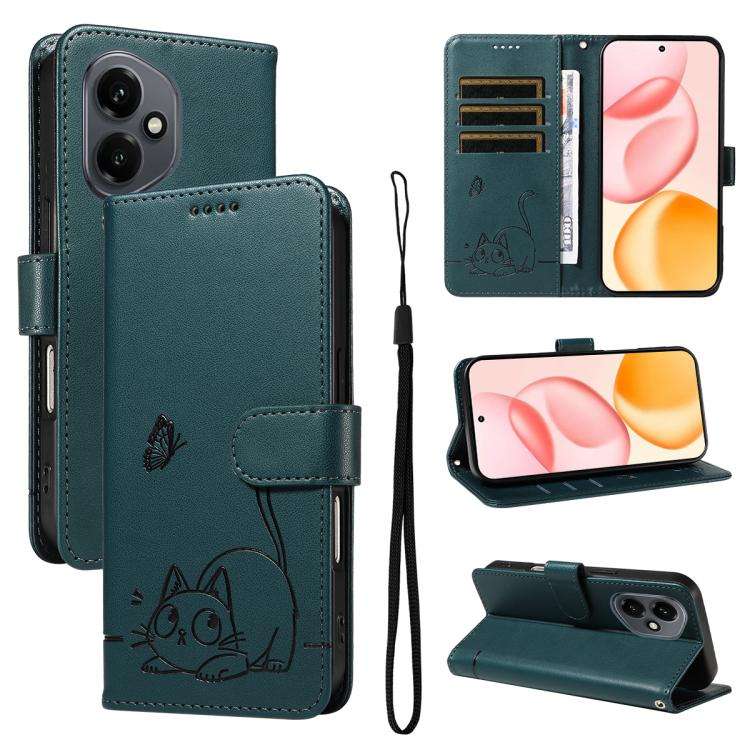 For Honor 400 Global 156.5mm Adorable Cat Embossed Pattern Flip Leather Phone Case(Dark Green)