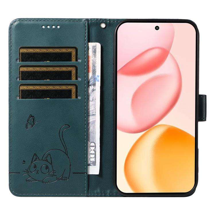 For Honor 400 Global 156.5mm Adorable Cat Embossed Pattern Flip Leather Phone Case(Dark Green)