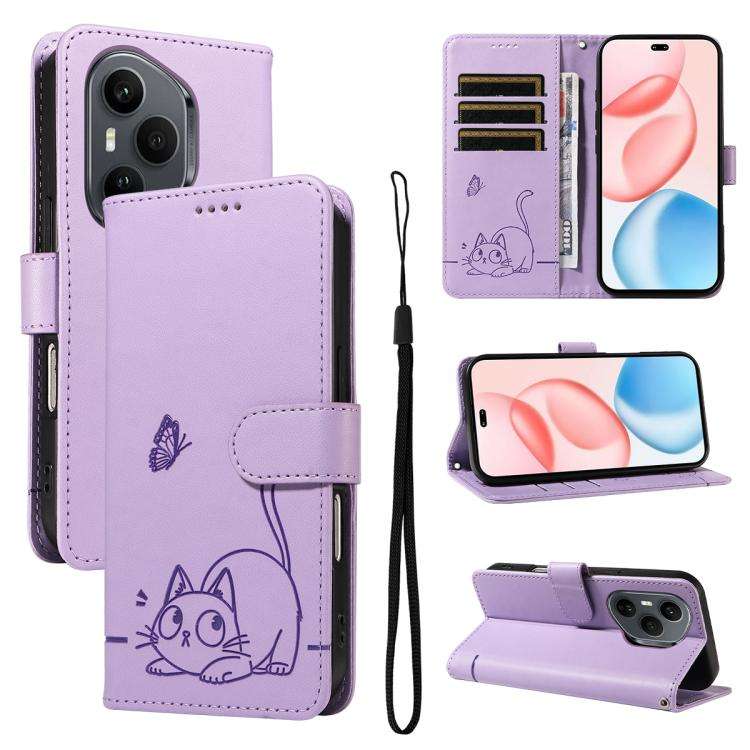 For Honor 400 Pro Global 160.8mm Adorable Cat Embossed Pattern Flip Leather Phone Case(Purple)