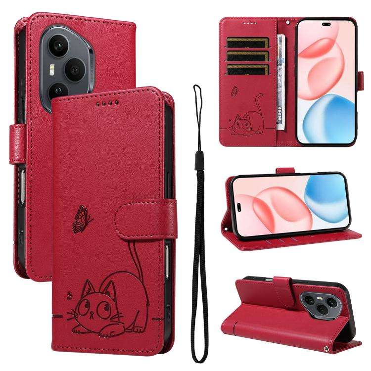 For Honor 400 Pro Global 160.8mm Adorable Cat Embossed Pattern Flip Leather Phone Case(Red)