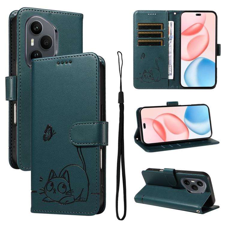 For Honor 400 Pro Global 160.8mm Adorable Cat Embossed Pattern Flip Leather Phone Case(Dark Green)