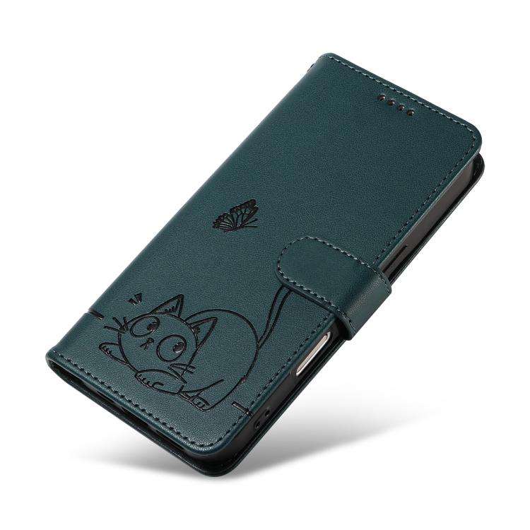 For Honor 400 Pro Global 160.8mm Adorable Cat Embossed Pattern Flip Leather Phone Case(Dark Green)