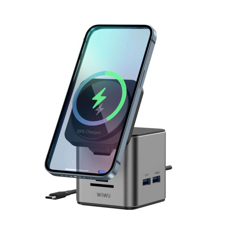 WiWU Wi-W025 9 in 1 HUB Docking Station Magnetic 15W Wireless Charger(Grey)