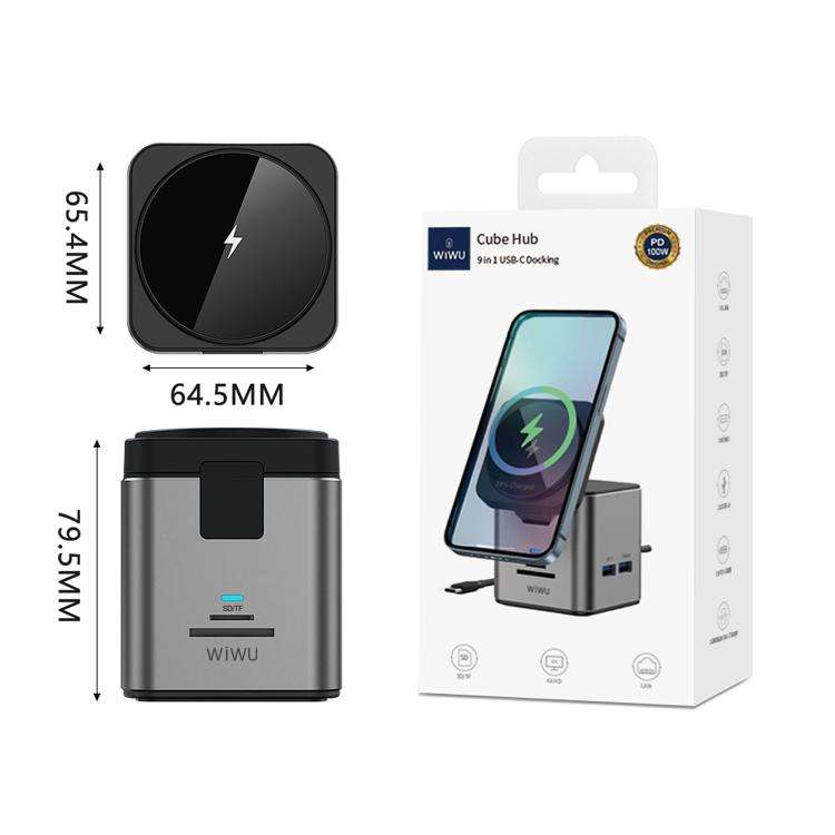 WiWU Wi-W025 9 in 1 HUB Docking Station Magnetic 15W Wireless Charger(Grey)
