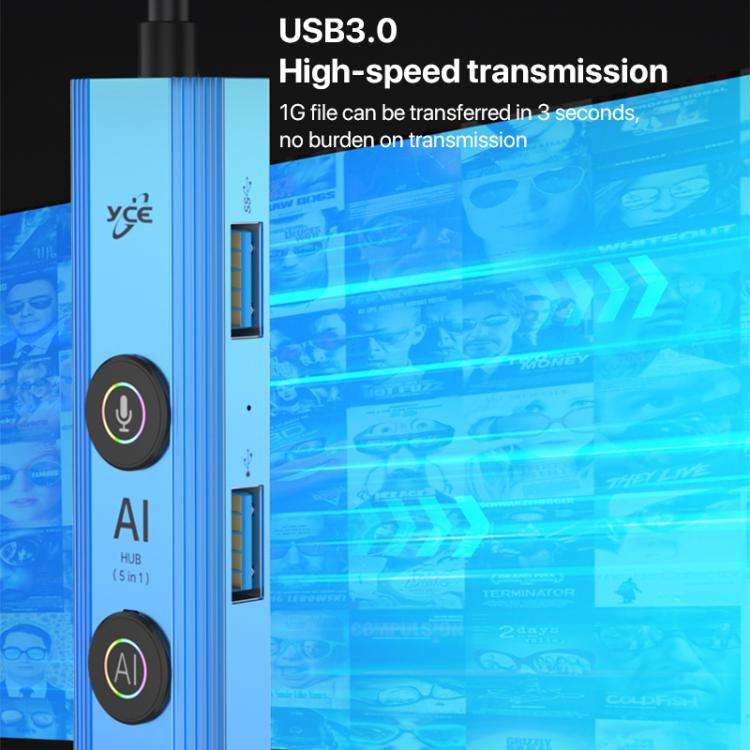 YCE V295B 5 in 1 USB3.0 / Type-C HUB Adapter AI Docking Station(Blue)