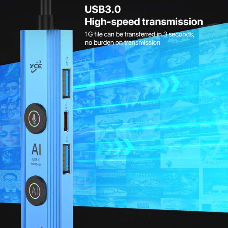 YCE V297A 7 in 1 USB-C / Type-C HUB Adapter AI Docking Station Support 8K Output(Blue)