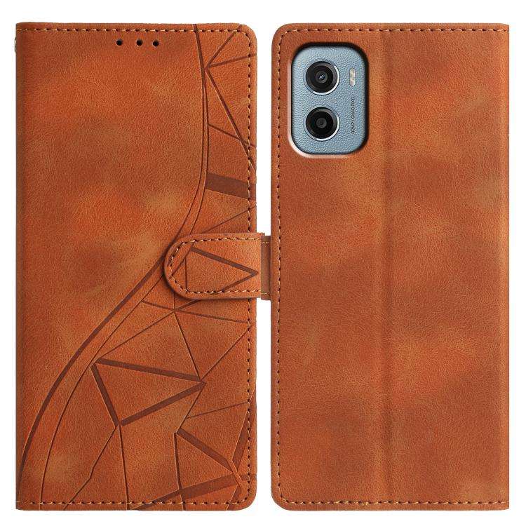 For Motorola Moto E15 Triangles Embossed Leather Phone Case(Brown)
