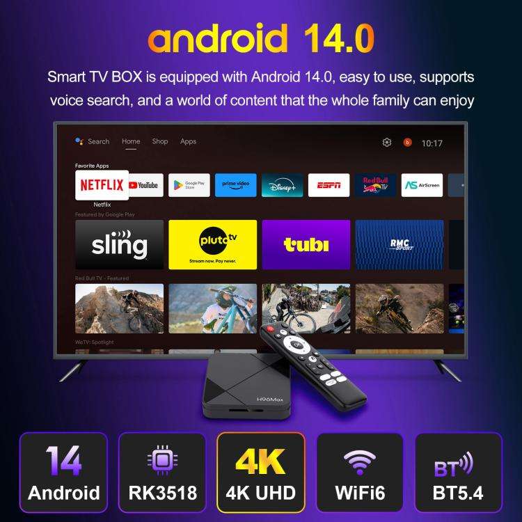 H96Max 4K UHD Android 14 Smart TV Box with Remote Control, RK3518 Quad-Core 2GB+16GB(UK Plug)