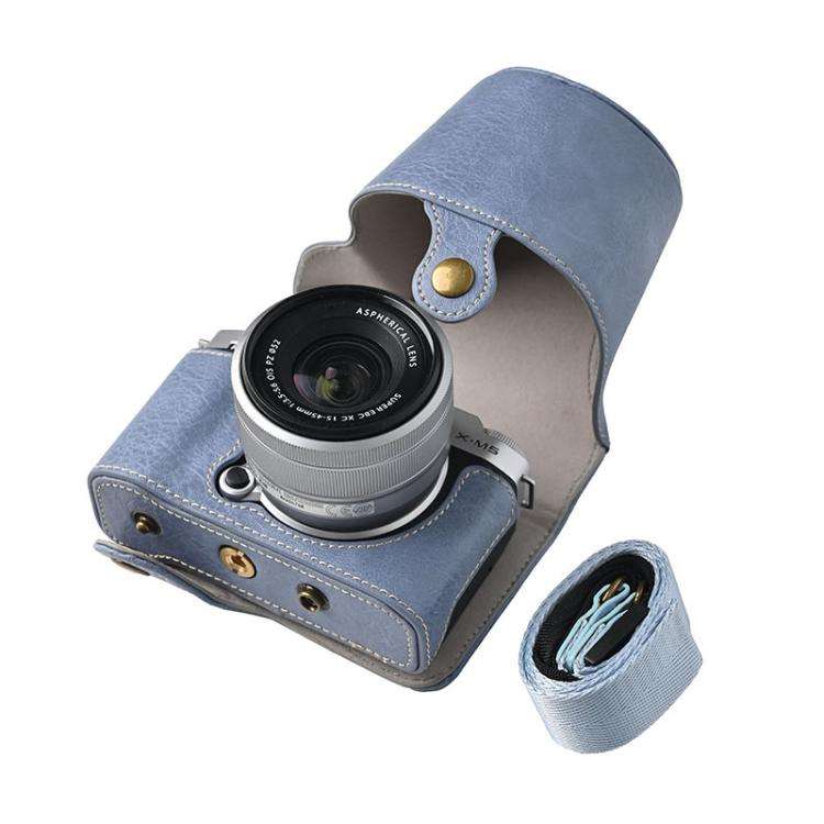 For FUJIFILM X-M5 Retro Litchi Texture Leather Full Body Camera Case Bag with Strap(Blue)