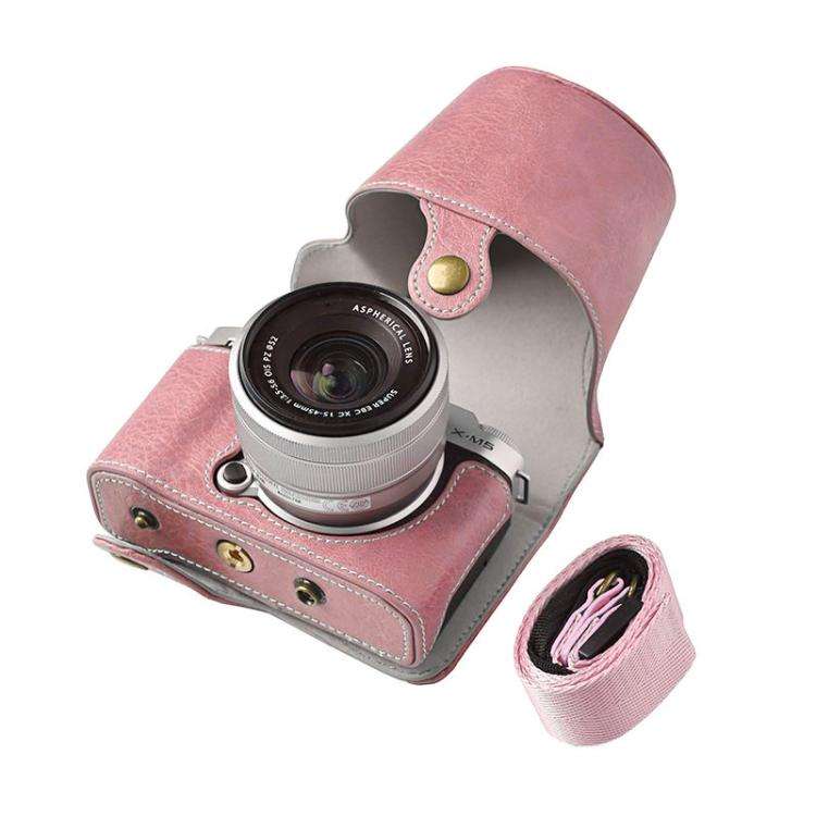 For FUJIFILM X-M5 Retro Litchi Texture Leather Full Body Camera Case Bag with Strap(Pink)