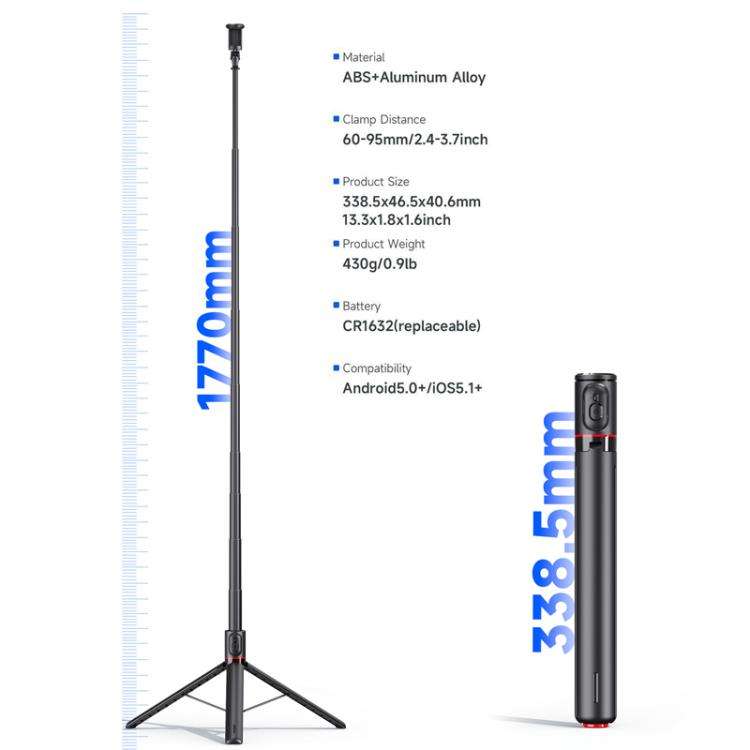 TT01 1.77m All-in-one Auto Pop Open Tripod Magnetic Remote Selfie Stick(Black)