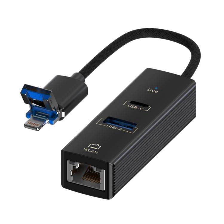 USB / 8 Pin to Type-C RJ45 USB-A HUB Expand Converter(Black)
