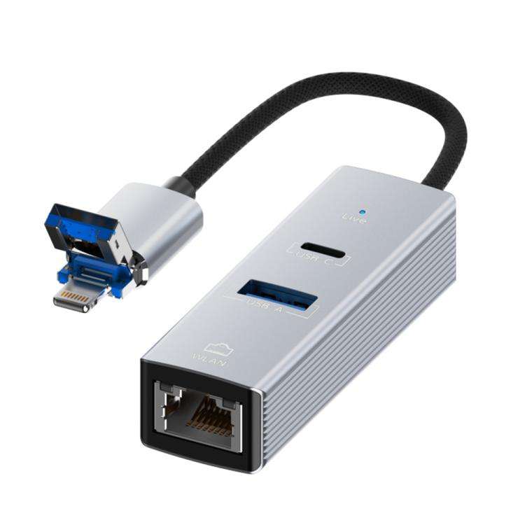 USB / 8 Pin to Type-C RJ45 USB-A HUB Expand Converter(Silver)