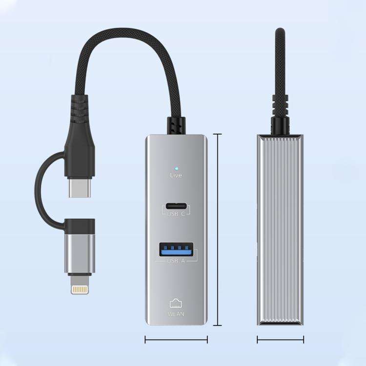 Type-C / 8 Pin to Type-C RJ45 USB-A HUB Expand Converter(Silver)