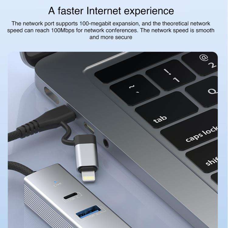 Type-C / 8 Pin to Type-C RJ45 USB-A HUB Expand Converter(Silver)