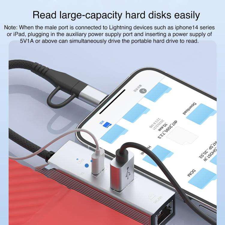 Type-C / 8 Pin to Type-C RJ45 USB-A HUB Expand Converter(Silver)