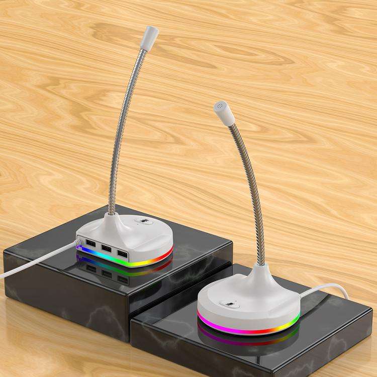 USB Multi-function Microphone RGB Light Built-in Sound Card(White)