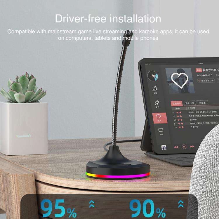 USB Multi-function Microphone RGB Light Built-in Sound Card(White)