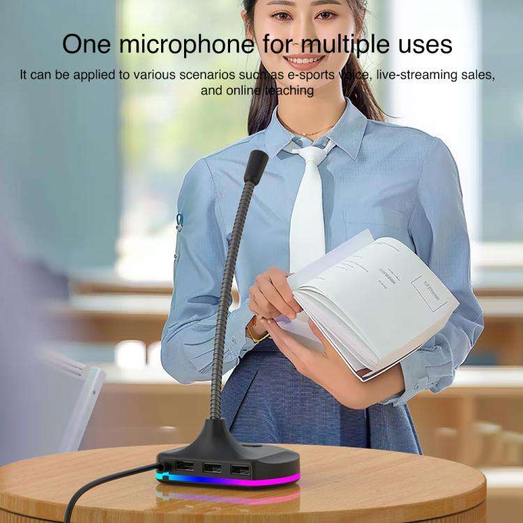 USB Multi-function Microphone RGB Light Built-in Sound Card(Black)