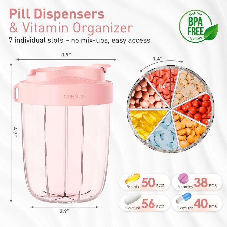 Portable Compartment Sealed Medicine Organizer Large Pill Storage Cup(Pink)