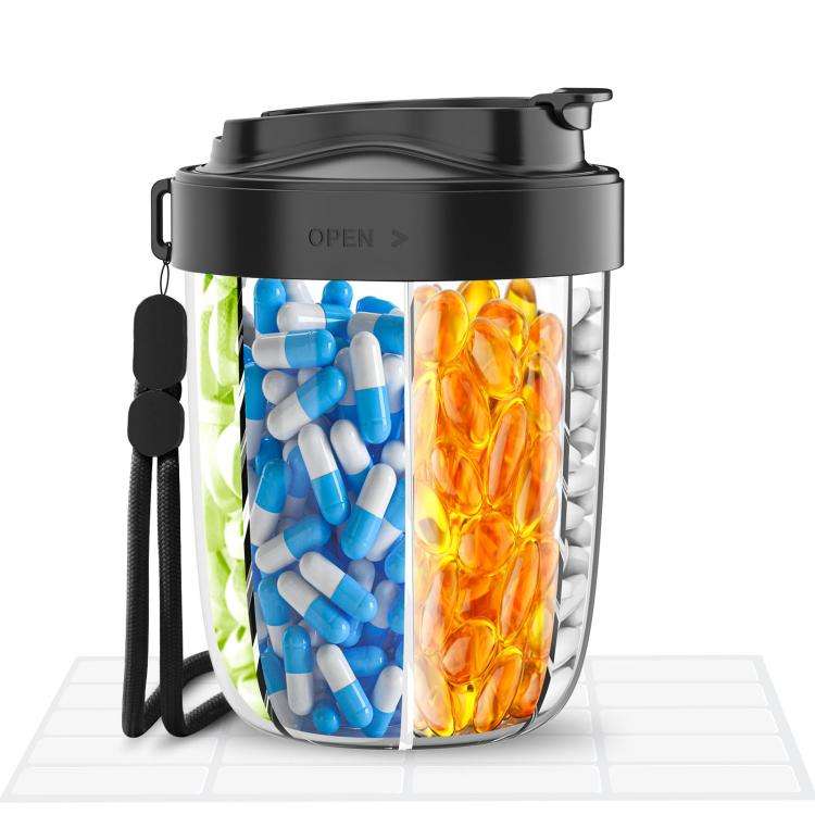 Portable Compartment Sealed Medicine Organizer Large Pill Storage Cup(Black)