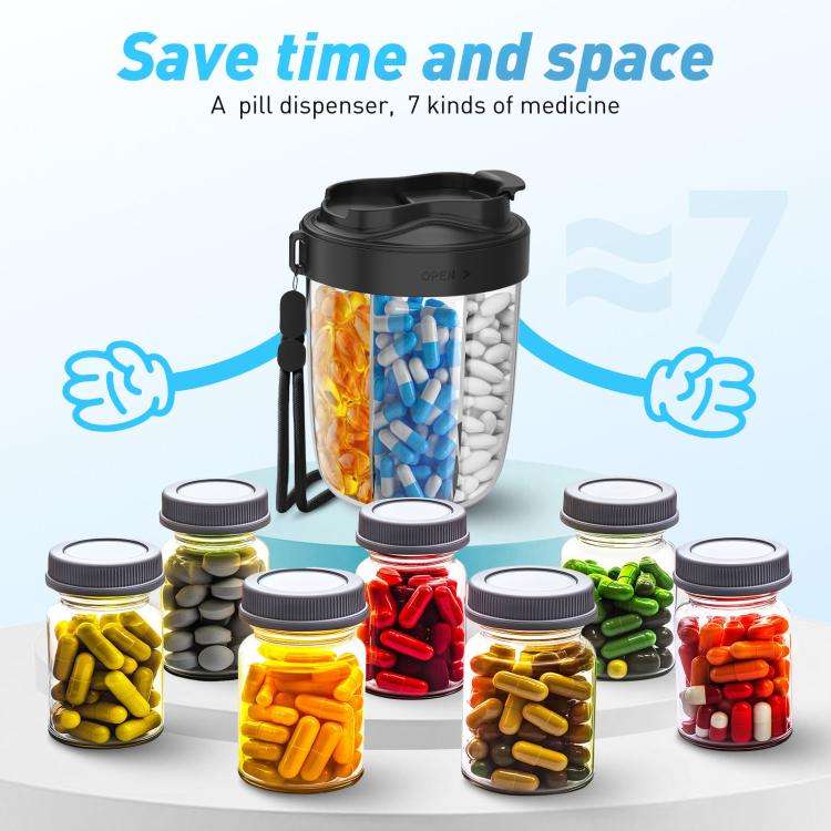 Portable Compartment Sealed Medicine Organizer Large Pill Storage Cup(Black)