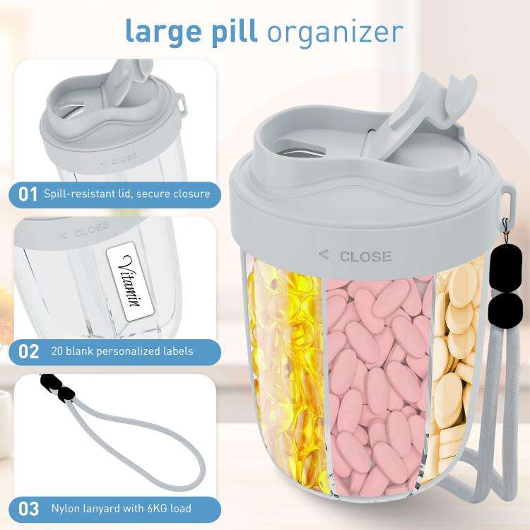 Portable Compartment Sealed Medicine Organizer Large Pill Storage Cup(Grey)