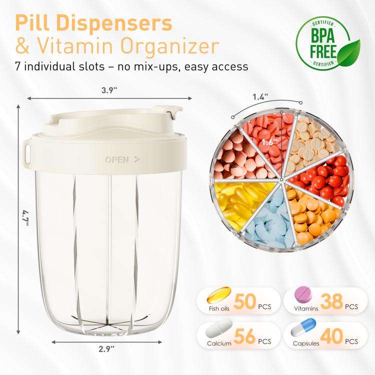 Portable Compartment Sealed Medicine Organizer Large Pill Storage Cup(Beige)