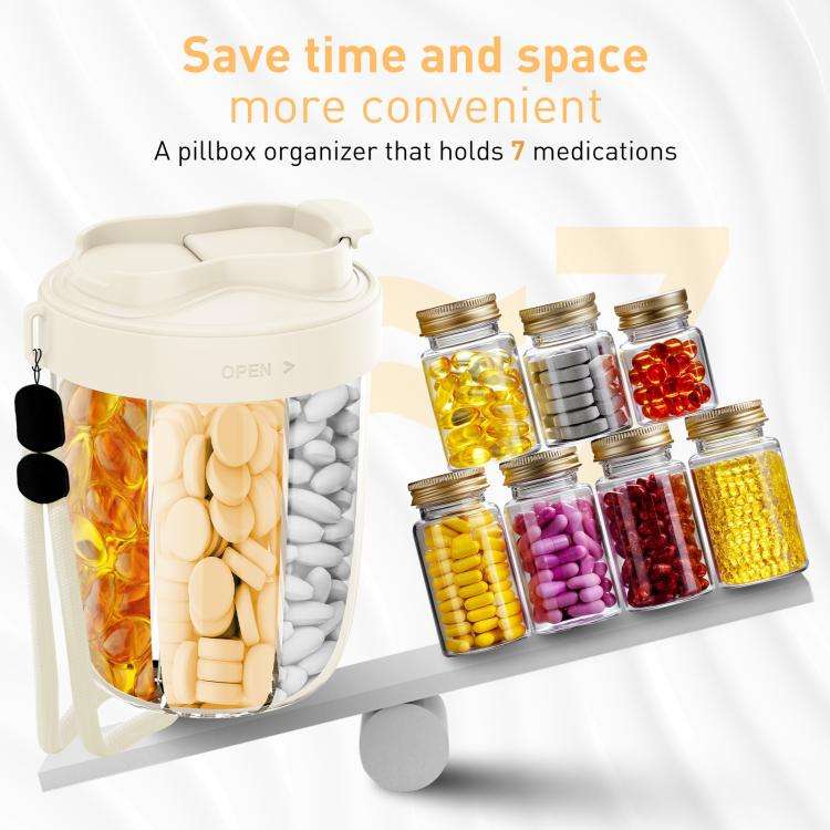 Portable Compartment Sealed Medicine Organizer Large Pill Storage Cup(Beige)