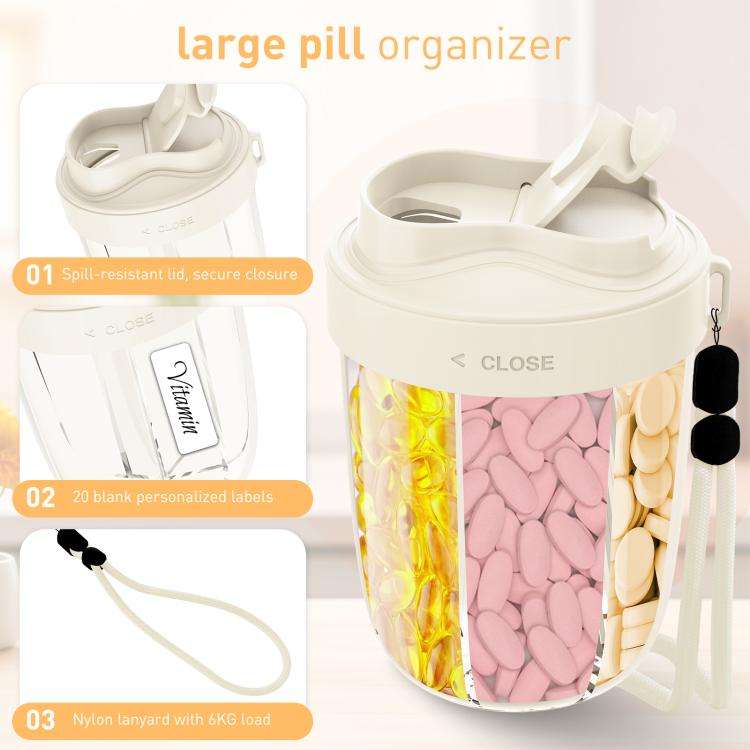 Portable Compartment Sealed Medicine Organizer Large Pill Storage Cup(Beige)