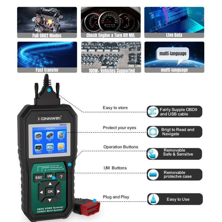 KONNWEI KW420 2.8 inch Color Screen Car OBD2 Fault Diagnostic Scan Tool for Honda(Black Green)