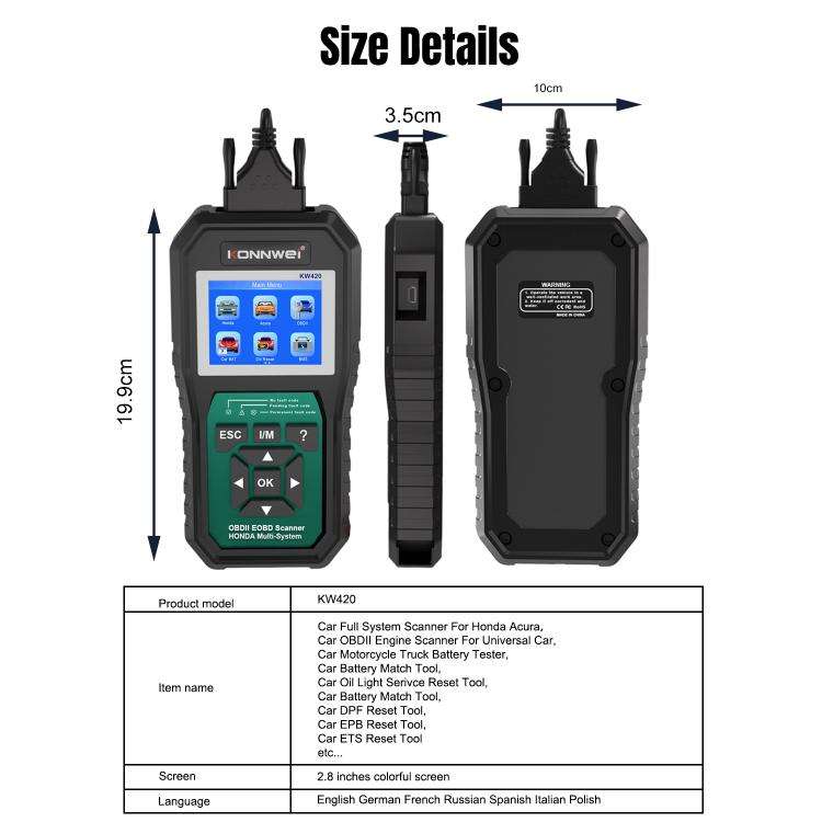 KONNWEI KW420 2.8 inch Color Screen Car OBD2 Fault Diagnostic Scan Tool for Honda(Black Green)
