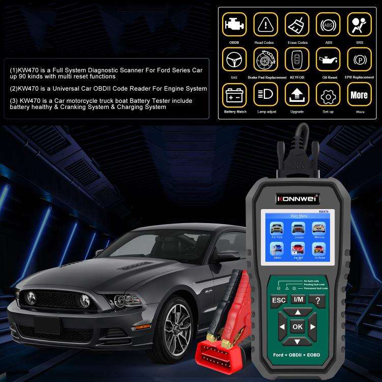 KONNWEI KW470 2.8 inch Color Screen Car OBD2 Fault Diagnostic Scan Tool for Ford(Black Green)