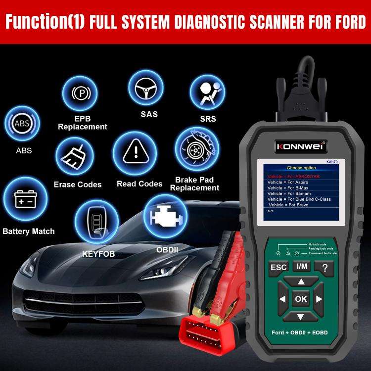 KONNWEI KW470 2.8 inch Color Screen Car OBD2 Fault Diagnostic Scan Tool for Ford(Black Green)