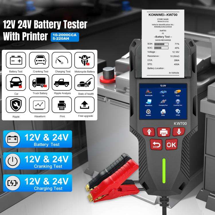 KONNWEI KW700 12V / 24V 2.8 inch Color Screen Car Battery Tester with Printer(Black)