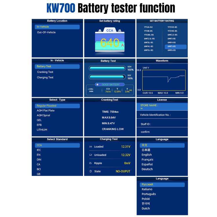 KONNWEI KW700 12V / 24V 2.8 inch Color Screen Car Battery Tester with Printer(Black)