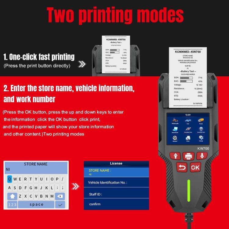 KONNWEI KW700 12V / 24V 2.8 inch Color Screen Car Battery Tester with Printer(Black)