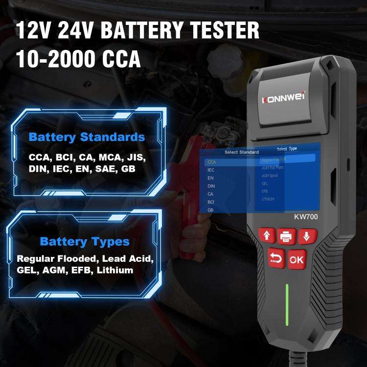 KONNWEI KW700 12V / 24V 2.8 inch Color Screen Car Battery Tester with Printer(Black)