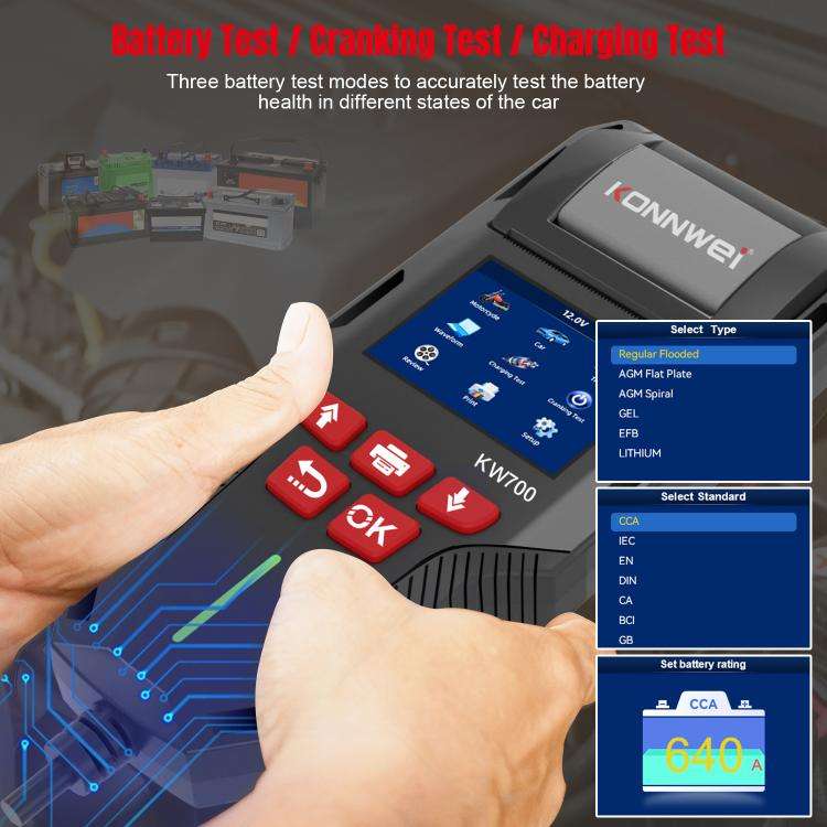 KONNWEI KW700 12V / 24V 2.8 inch Color Screen Car Battery Tester with Printer(Black)