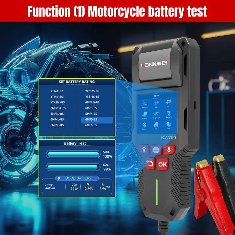 KONNWEI KW700 12V / 24V 2.8 inch Color Screen Car Battery Tester with Printer(Black)