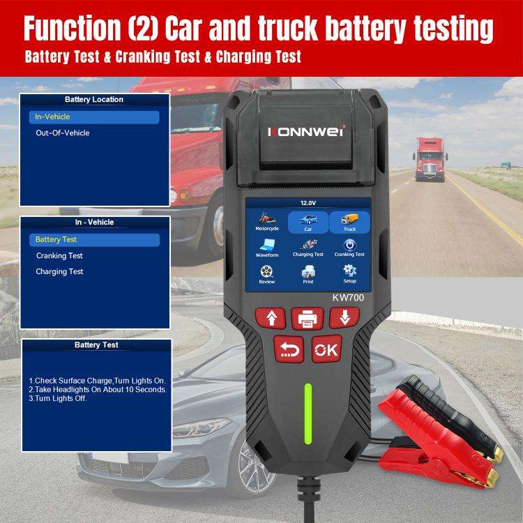 KONNWEI KW700 12V / 24V 2.8 inch Color Screen Car Battery Tester with Printer(Black)