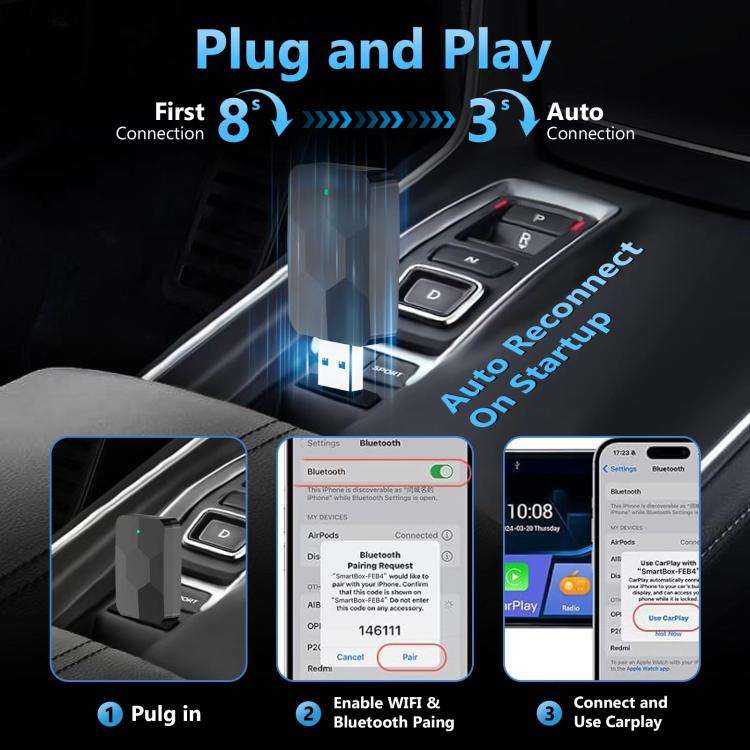 2 in 1 USB Wired to Wireless Car CarPlay / Android Auto Box Adapter(Black)